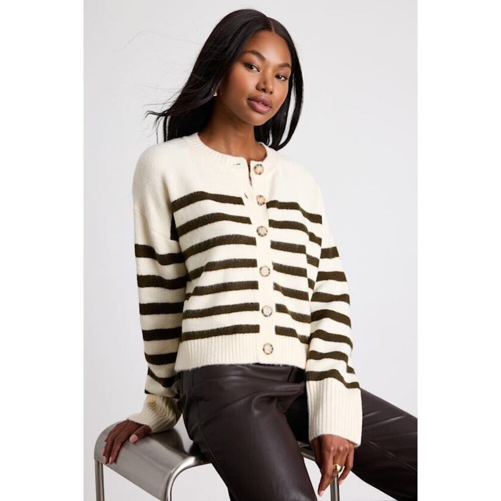 Lulus Hazelynn Ivory And Olive Striped Cardigan Sweater Green - Size S